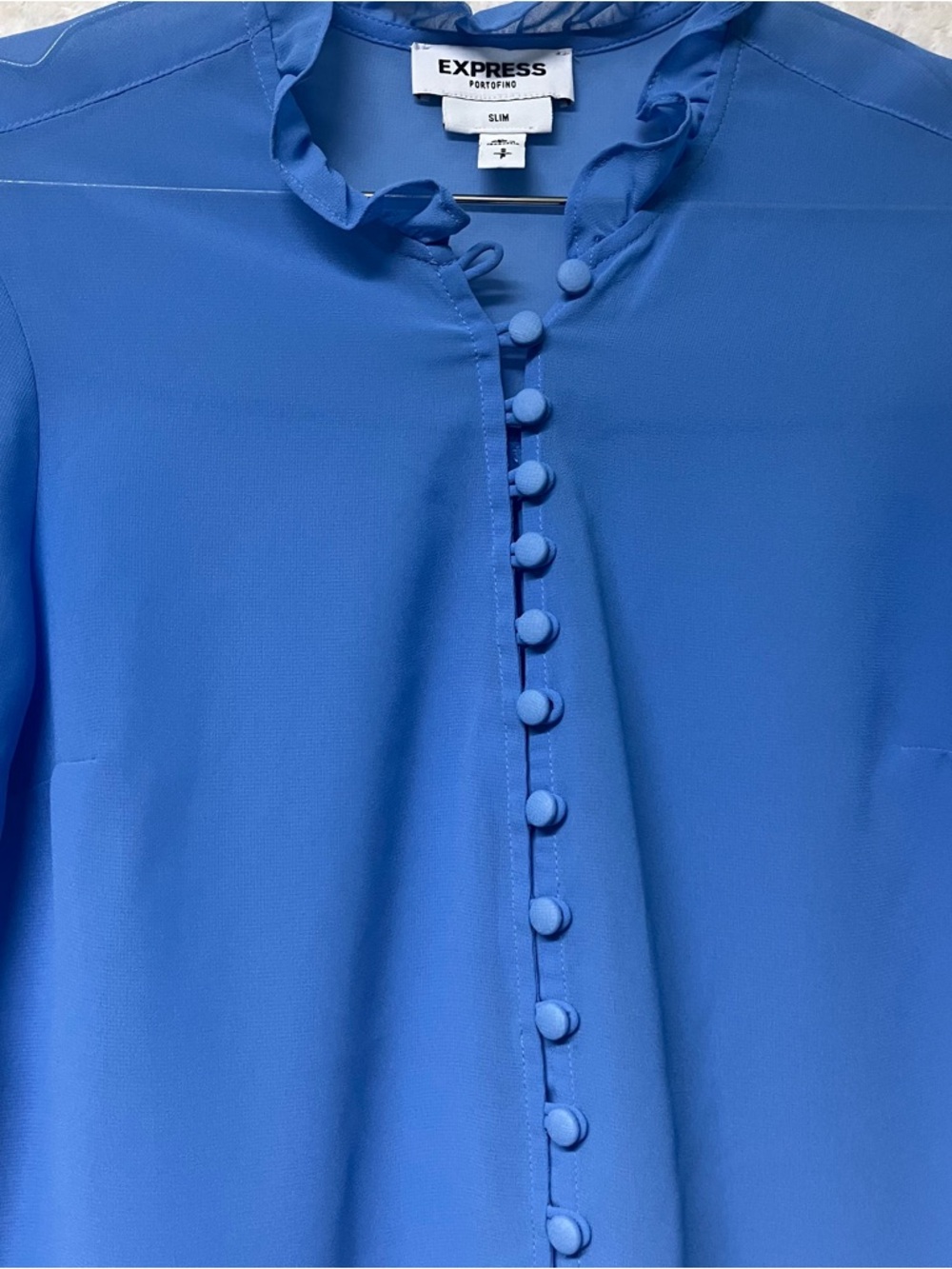 Express Long Sleeve Blouse Blue Ruffle-Neck Button Front Blouse Lightweight Sz S - Picture 6 of 9